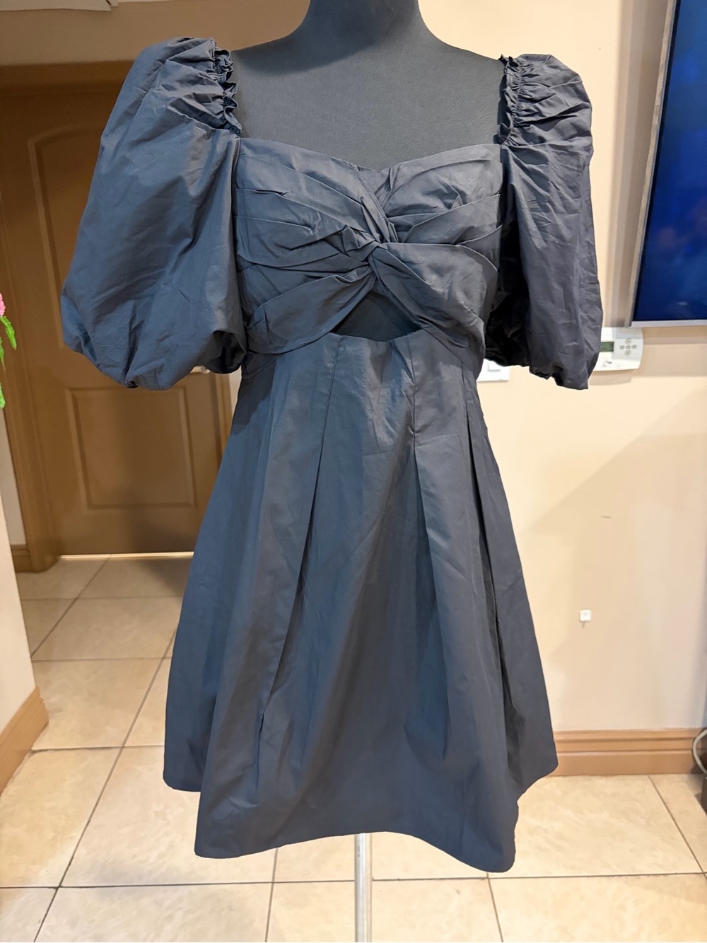 Moon River Charcoal Puff Sleeve Knot Front Mini Dress